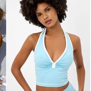 Frankie's Bikinis Sky Blue Top with White Edging
